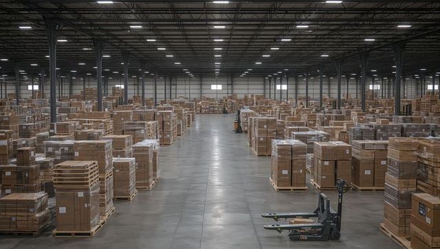 Vast warehouse interior with organized pallet stacks and central aisle for logistics
