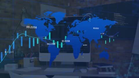 Global Data Trends Displayed Over Office Workspace Graphics
