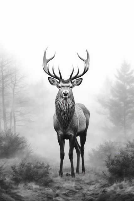 Stag standing majestically in fog-covered forest with trees and mist creating an atmospheric effect. Ideal for use in nature magazines, wildlife blogs, conservation campaigns, or as wall art and prints emphasizing natural beauty and serene settings.
