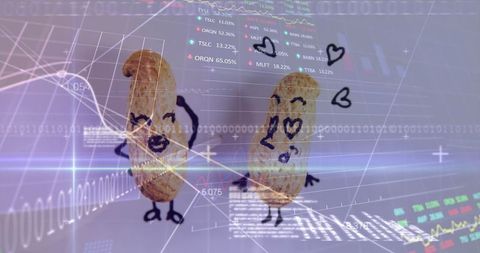 Illustrated Peanuts Interacting on Futuristic Data Background