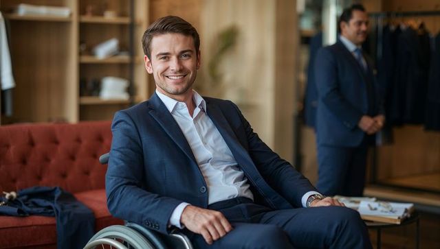 Confident Man in Wheelchair Wearing Elegantly Tailored Navy Suit in Boutiques