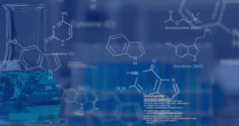 Chemical Formulas Overlay in Blue Laboratory Setting