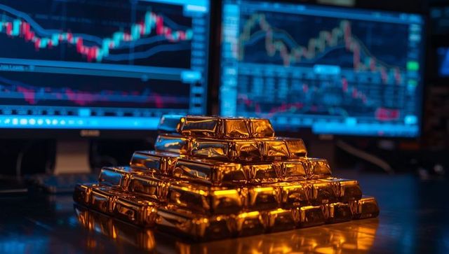 Stack of gold bars in modern trading office with charts