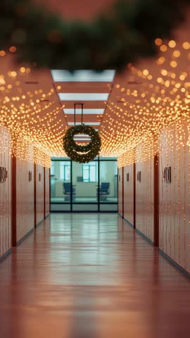 Pulling Back Revealing Festive Office Corridor with Wreath and Warm String Lights