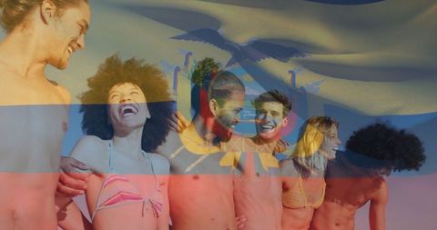 Young Friends Celebrating on Beach with Ecuador Flag Overlay
