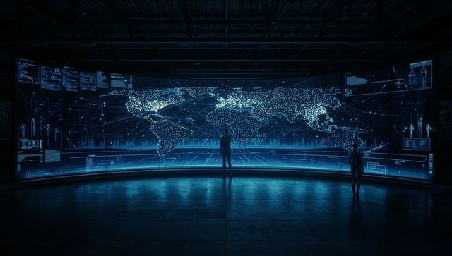Futuristic control room with professionals monitoring digital world map