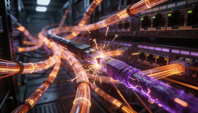 Sparking rj45 connectors creating electrical arc and purple corona in data center rack