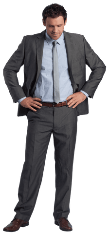 Confident Businessman in Suit with Hands on Hips Transparent