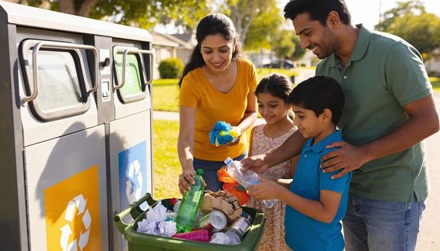 Family teaching children recycling at curbside bin in sunny suburban neighborhood