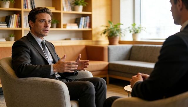 Executive discussing strategy in modern office lounge gesturing during professional meeting