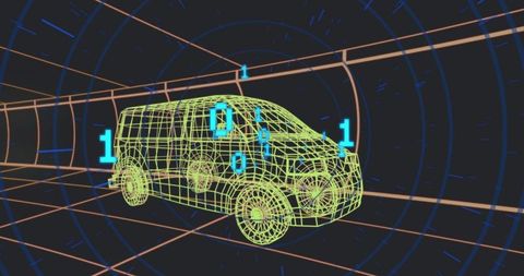 Futuristic wireframe van in digital tunnel with binary code
