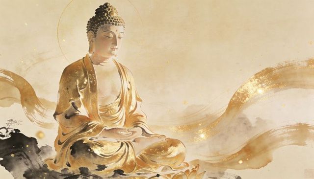 Sitting golden buddha meditating in dhyana mudra on lotus pedestal with gold ink-wash halo