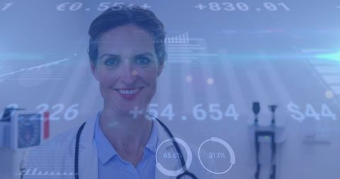 Smiling Female Doctor with Digital Finance Overlay