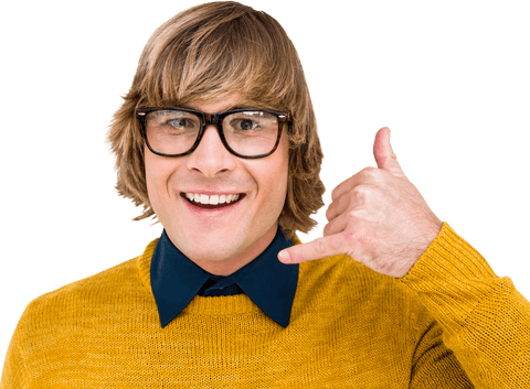 Cheerful Hipster Making Phone Gesture on Transparent Background
