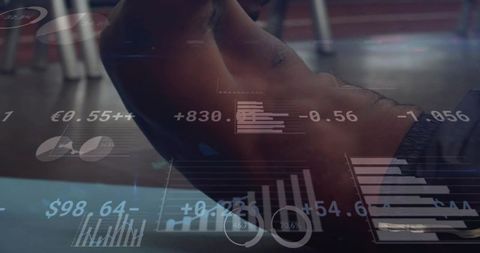 Bare-chested man crunching on gym mat wearing dark shorts with finance hud overlay