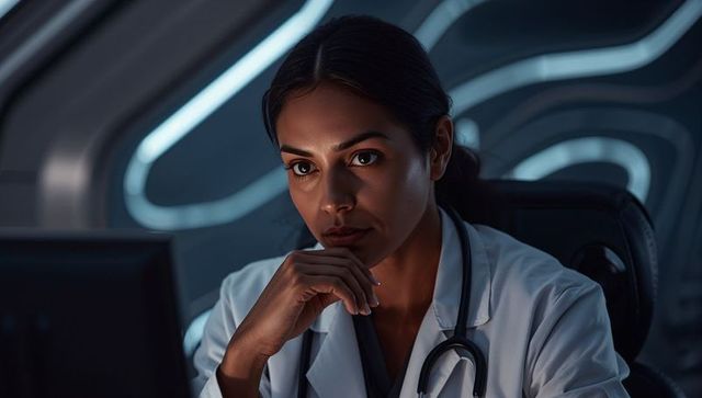 Female physician studying patient data on monitor in futuristic clinic control room