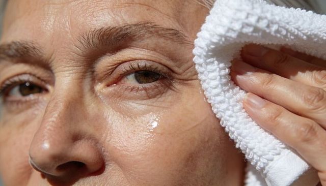 Senior woman gently drying eye with white terry towel close-up showing aging skin care