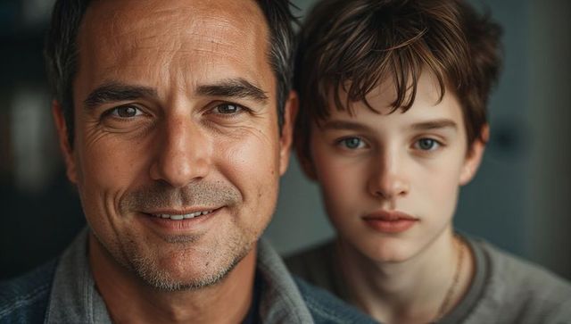 Intimate close-up of middle-aged father and teen son smiling, conveying warmth and connection