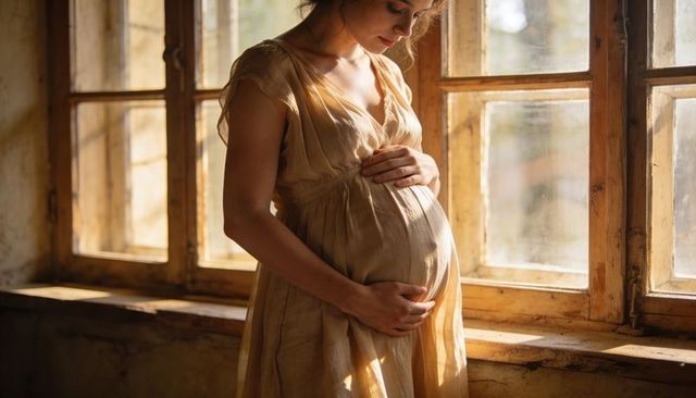 Pregnant woman cradling baby bump by sunlit rustic window in flowing maternity dress