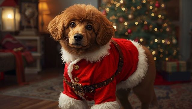 Fluffy puppy in santa outfit with christmas tree at cozy home