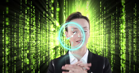 Businesswoman with Data Stream and Digital Clock Overlay