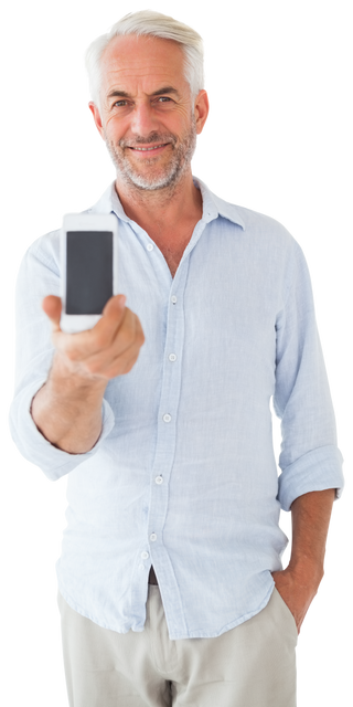 Smiling Older Man Presenting Smartphone Transparent Background - Download Free Stock Videos Pikwizard.com