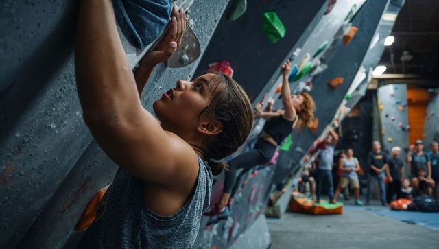 Focused female bouldering climber reaching overhang hold in indoor climbing gym event