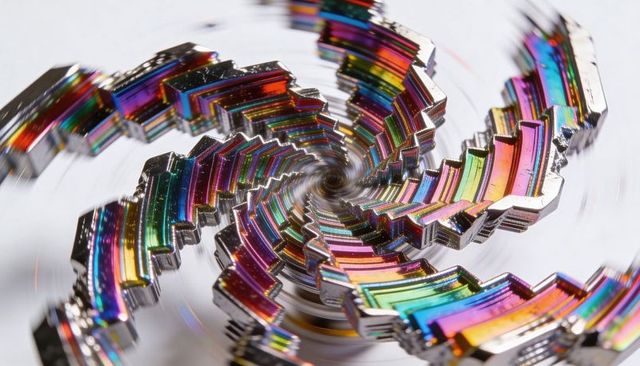 Iridescent bismuth crystal spiral revealing stepped terraces and rainbow metallic hues