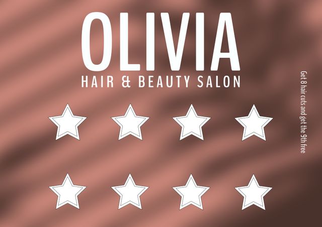 Elegant loyalty card for hair and beauty salon featuring star rewards. Features an attractive design with space for marking visits and offering the 9th haircut free after 8 visits. Ideal for customer appreciation and promotion, increasing customer loyalty and visit frequency.