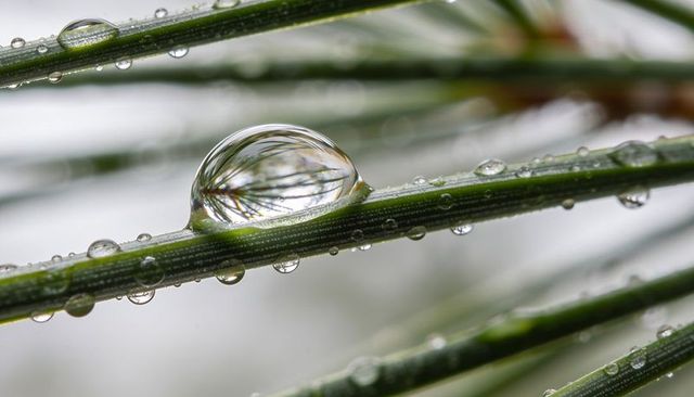 Macro dew droplet reflecting pine needles on green conifer needle closeup botanical texture