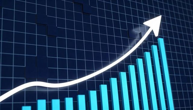 Futuristic financial growth chart with rising cyan bars and glowing arrow