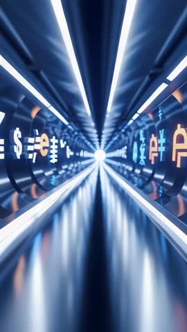 Futuristic Vertical Tunnel Moving Forward Revealing Rotating Currency Symbol Discs
