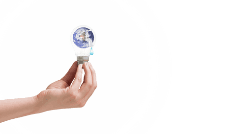 Hand holding eco lightbulb with globe on transparent background