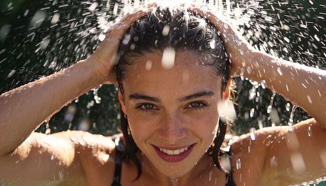 Sunlit woman smiling under cascading water in garden while holding hair for summer refresh