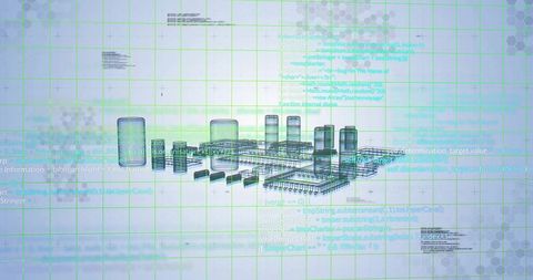 Futuristic Wireframe 3D Model with Digital Code Overlay