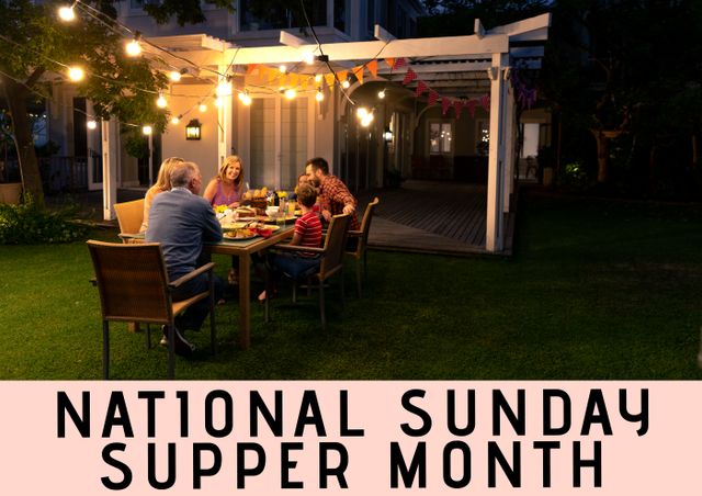 Family sharing meal in beautifully lit backyard, perfect for content about family gatherings, summertime events, and promoting National Sunday Supper Month as well as marketing backyard dining and outdoor dinner setup ideas.
