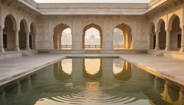 Sunlit marble courtyard reflecting pool, arched colonnade and domed silhouette at dawn