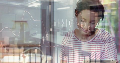 Woman analyzing financial data with tablet in office dynamic charts overlay