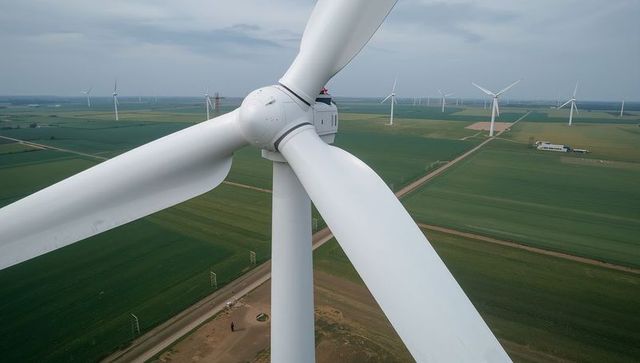 Technician inspecting wind turbine at renewable energy farm