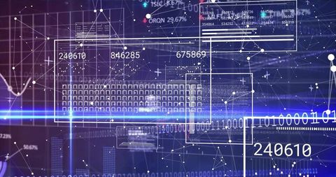 Holographic analytics interface with floating numeric readouts, binary and network grid