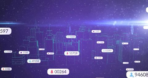 Futuristic Digital Skyline with Data Icons and Holographic Effects