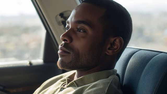 Young man reclining in car seat gazing out window contemplative lifestyle portrait