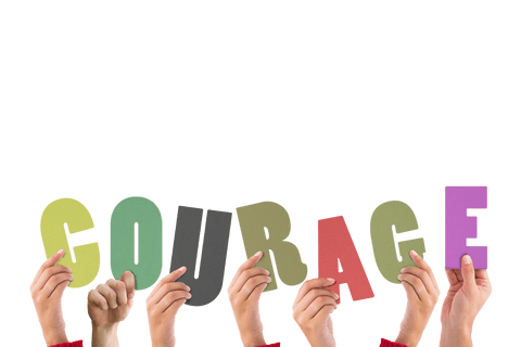 Transparent Hands Holding Colorful Letters Spelling Courage Up High