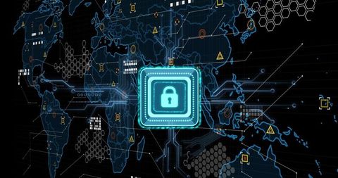 Cybersecurity lock over digital world map with data streams