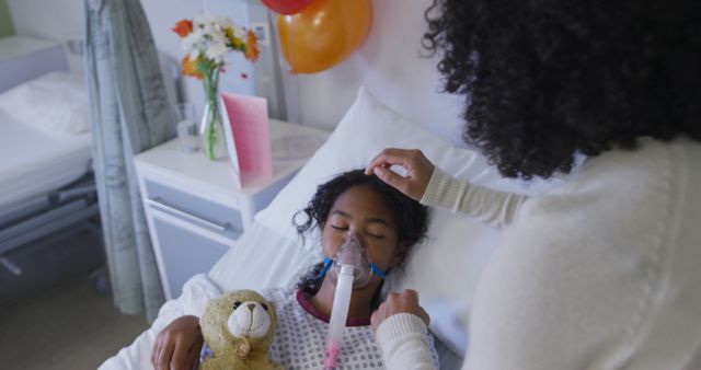 Child laying in hospital bed receiving care from a caregiver while holding a stuffed animal, showing parental support and attention. Useful for healthcare advertising, parenting support, children's medical treatment illustrations.