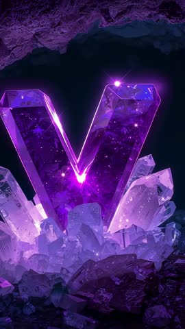 Letter V Emerging from Amethyst Cavern, Shimmering Gemstone Crystals and Pulsing Light