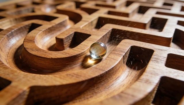 Glass Marble Rolling Through Handcrafted Wooden Labyrinth Board with Wood Grain Detail