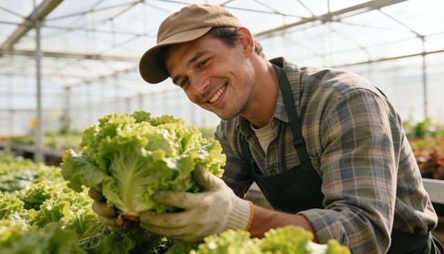 Smiling young grower harvesting fresh green lettuce in commercial greenhouse hydroponic produce
