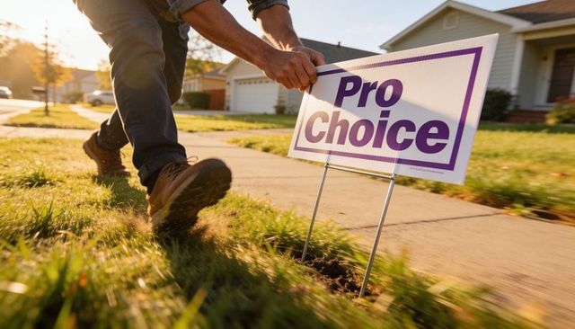 Installing pro choice yard sign on suburban lawn at golden hour, activism and campaigning