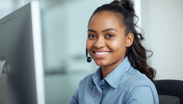 Smiling call center representative with headset in modern office